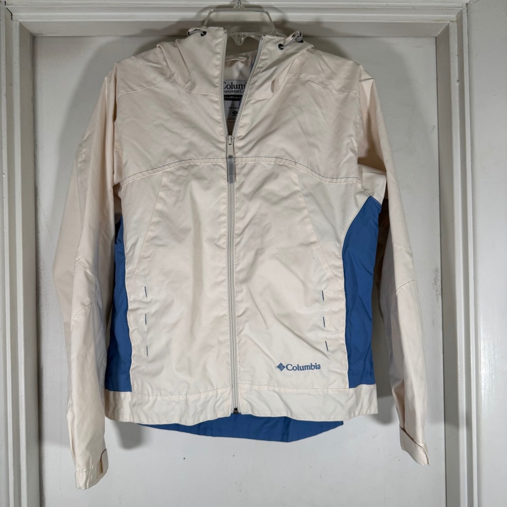 Columbia Women's Cream & Blue Lightweight Hooded Rain Windbreaker Jacket